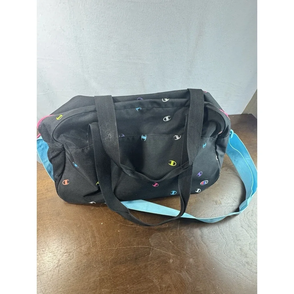 Champion Duffel Gym Bag Black Multicolor Logo Neon Zip Shoulder Strap